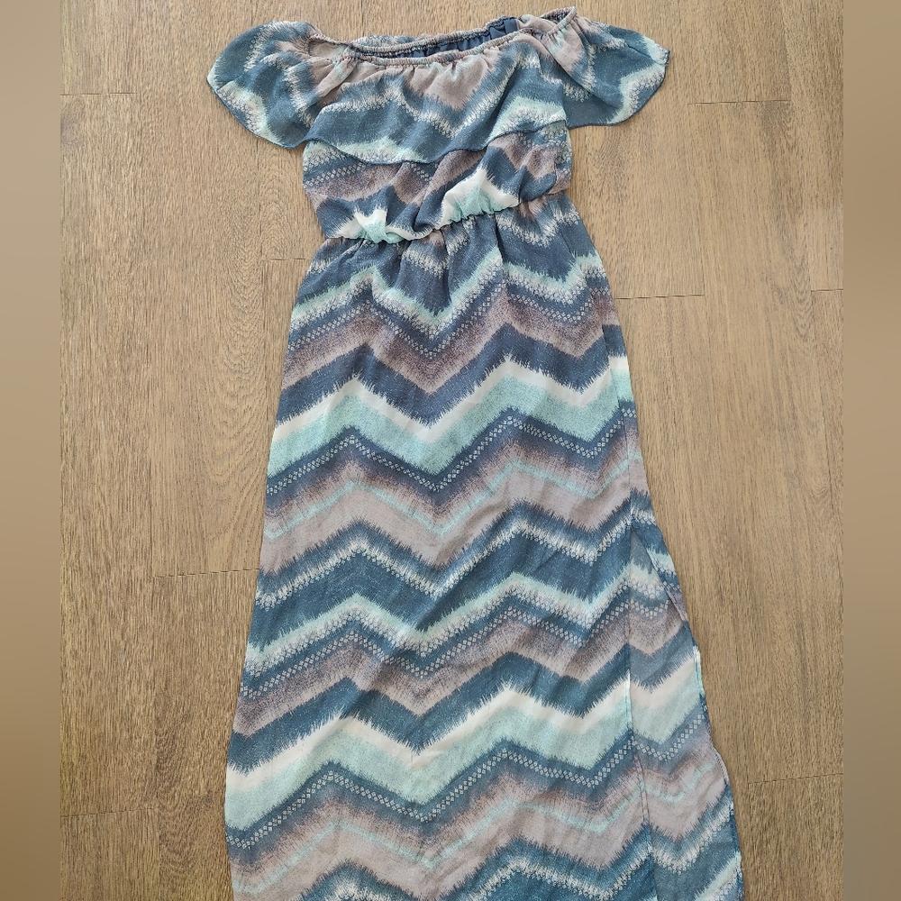 Bailey Blue Multicolored Blue Chevron Off Shoulder Maxi Dress